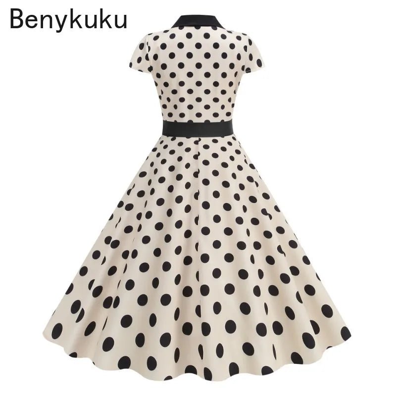 Polka Dot Summer Dress 2025 Women Hepburn Vintage Rockabilly Pin Up Dress Robe Femme Belted Casual Retro Elegant Party Sundress