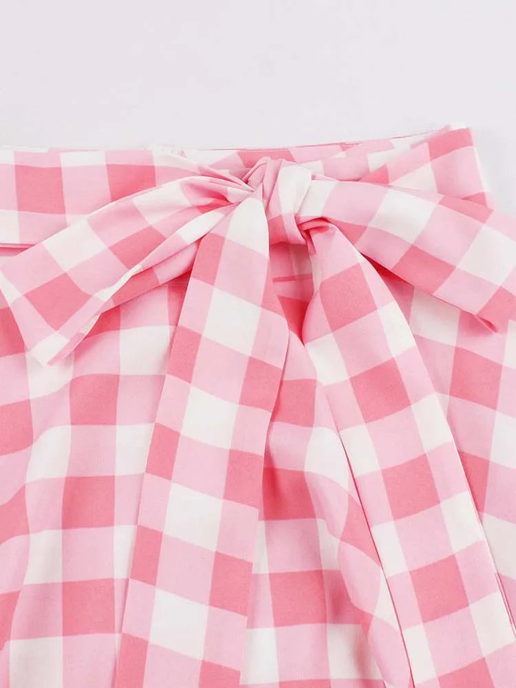 Summer Midi Skirt Women Elegant Vintage 50s 60s Pink Plaid Printed Pinup Rockabilly Skirts