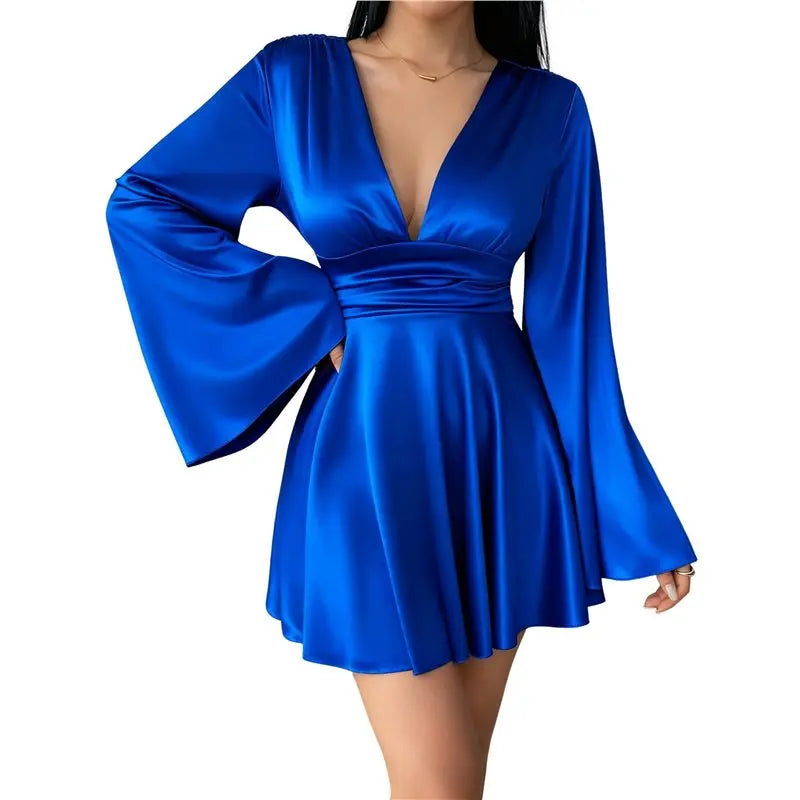 CYL-Women's Deep V Neck Long Sleeve Mini Satin Silk Dress Elegant Flowy Wedding Guest Party Short Dresses