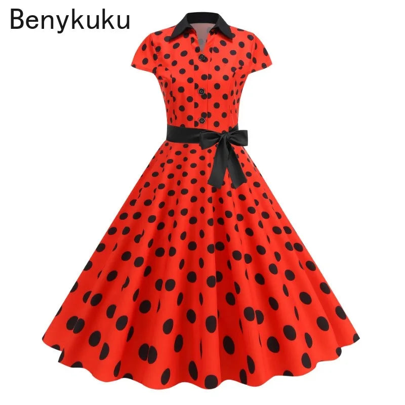 Polka Dot Summer Dress 2025 Women Hepburn Vintage Rockabilly Pin Up Dress Robe Femme Belted Casual Retro Elegant Party Sundress
