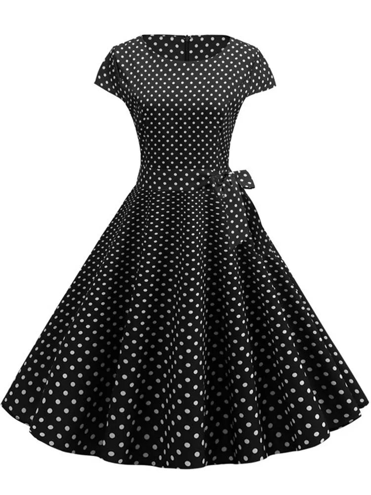 Summer Polka Dot Dress Women Elegant Short Sleeve A-Line Midi Party Dress Sundress Robe Rockabilly Vestidos