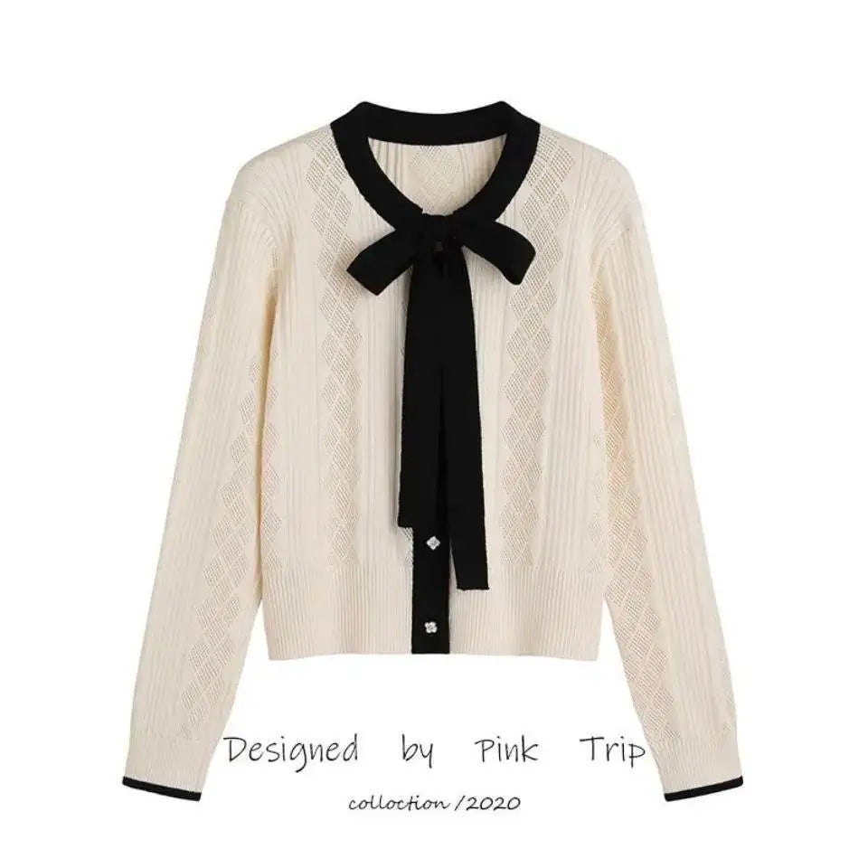 Lace Up Bow Knit Cardigan Spring And Autumn New Women's Color Contrast Hollow Pin Short Slim Top